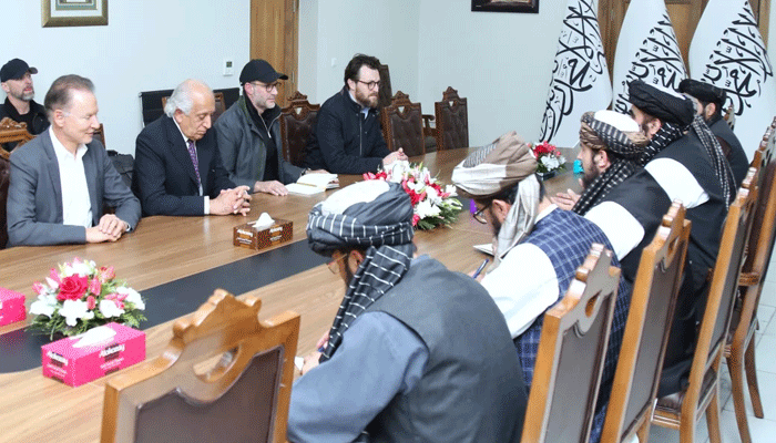 US hostage envoy Adam Boehler (fourth from left) and former US Ambassador to Afghanistan Zalmay Khalilzad (third from left) meeting with Taliban officials. — Afghan foreign ministry