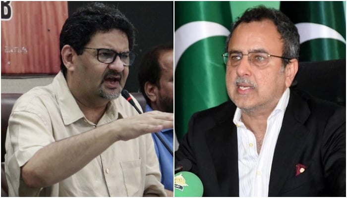 Former finance minister Miftah Ismail (left) and Federal Power Minister Sardar Awais Leghari. — PPI/APP/File