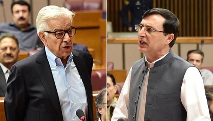 Defence Minister Khawaja Asif (left) and Barrister Gohar Khan speak on the floor of the National Assembly, on June 23, 2024. — Facebook/National Assembly of Pakistan