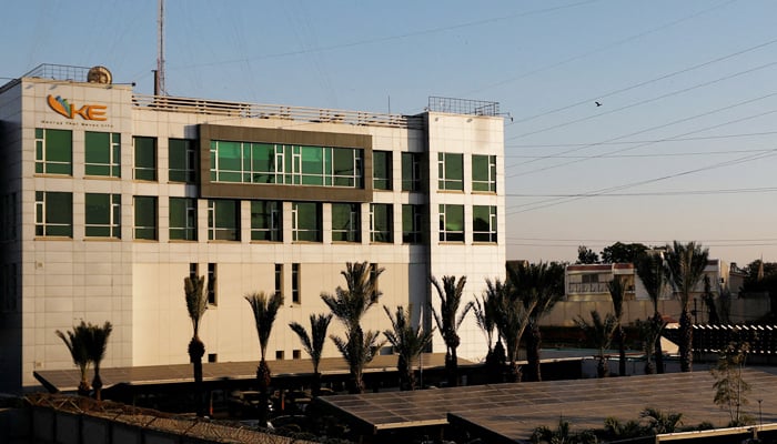 A view of the K-Electric head office, with solar panels at the parking area, in Karachi, on January 24, 2023. — Reuters