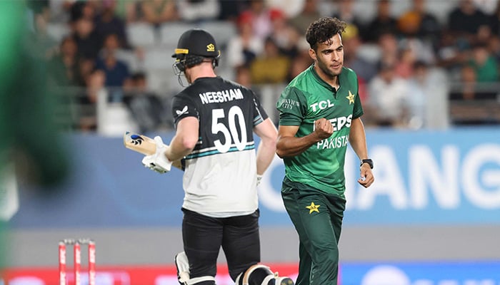 Abbas Aphrodi Best New Zealand Jimmy Nisham celebrates during the T20 International Cricket match between New Zealand and Pakistan in Aden Park, Auckland on March 21, 2025.