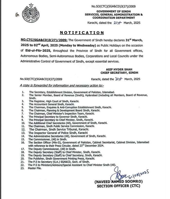 Sindh announces Eid ul Fitr holidays