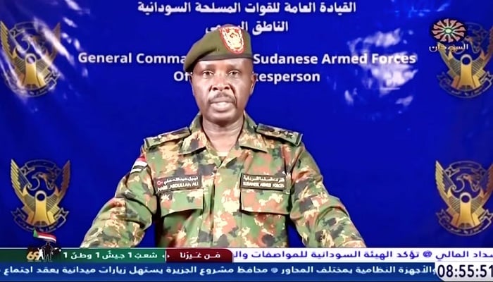 A Sudanese army spokesperson gives a statement on Sudan TV, after, according to the Sudanese army, they took the control of the presidential palace, at an unknown location, March 21, 2025.— Reuters