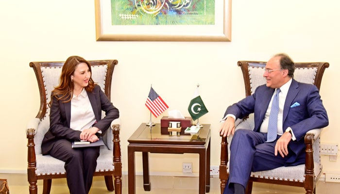 The Minister of Finance, Muhammad Aurangzeb, at a meeting with Natalie Baker, Office of American Business and Ambassador to Pakistan in Islamabad on March 21, 2025. - App