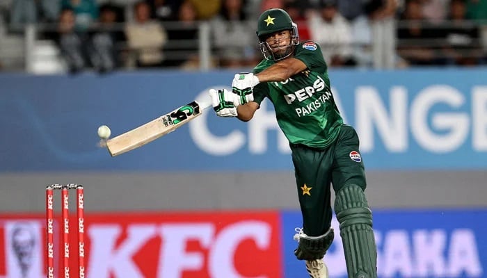 Pakistan, Hassan Nawaz, plays a shot during the third T20i against New Zealand in Aden Park, Auckland, on March 21, 2025. - PCB