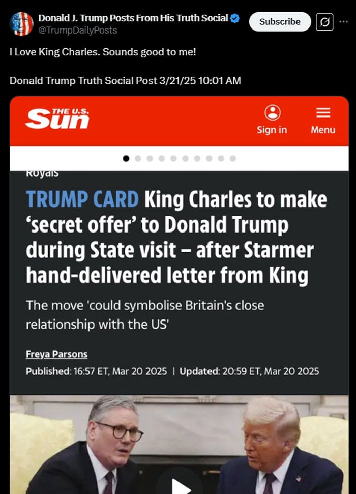 Donald Trump reacts to King Charles smart move