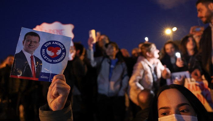 Demonstrators protest against the detention of Istanbul Mayor Ekrem Imamoglu, by the Istanbul Justice Palace, known as Caglayan Courthouse, in Istanbul, Turkey, March 22, 2025. — Reuters