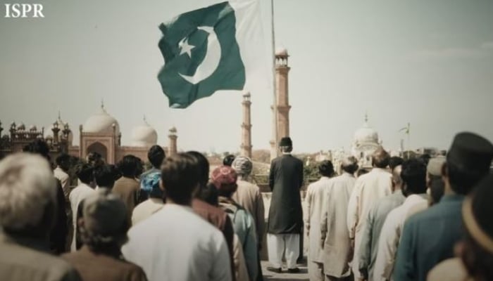 A scene depicting Quaid-i-Azam Mohammad Ali Jinnah on March 23, 1940 can be seen in this still taken from a video. — YouTube/ISPR Official/Screengrab