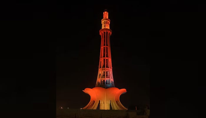 Minar-e-Pakistan, a public monument in Lahore, Punjab province was clad in orange lights to mark 16 of Activism Against Gender Based Violence. — Women Development Department Punjab