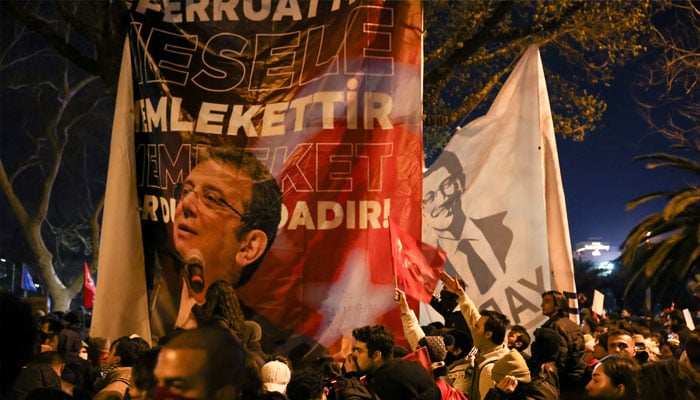 People take part in a protest against the detention of Istanbul Mayor Ekrem Imamoglu, in Istanbul, Turkiye, March 20, 2025.  — Reuters