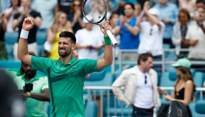 Serbia tennis player Novak Djokovic celebrates after his match against Argentine tennis star Camilo Ugo Carabelli (not pictured) on day six of the Miami Open at Hard Rock Stadium in Miami, Florida, US on March 23, 2025. — Reuters