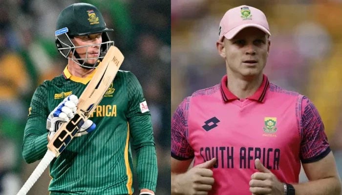 Rassie van der Dussen celebrates after scoring a half-century (50 runs) during the ICC Champions Trophy semi-final match between New Zealand and South Africa at the Gaddafi Stadium in Lahore on March 5, 2025 and South Africas Corbin Bosch (Right) in action during the third ODI against Pakistan at the Wanderers Stadium in Johannesburg on December 22, 2024. — AFP