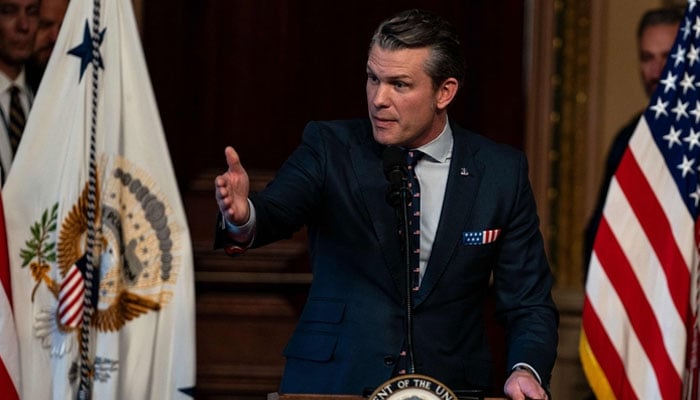 US Defense Secretary Pete Hegseth speaks after being sworn in on the 25th. — AFP/File