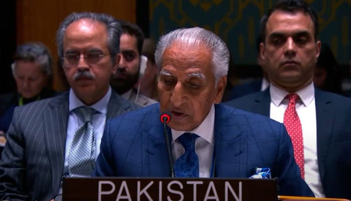 Minister of State on Foreign Affairs Tariq Fatemi speaks at a UNSC meeting on March 25, 2025. — Screengrab via YouTube@PakistanMissiontoUN_Newyork