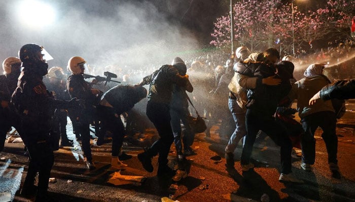 Police officers use pepper spray on demonstrators as people take part in a protest against the arrest of Istanbul Mayor Ekrem Imamoglu as part of a corruption investigation, in Istanbul, Turkiye, March 24, 2025. — Reuters